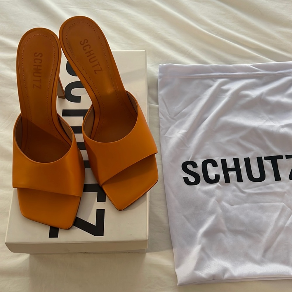Schutz Kate Mule Heel Sandal In Tangerine Orange
